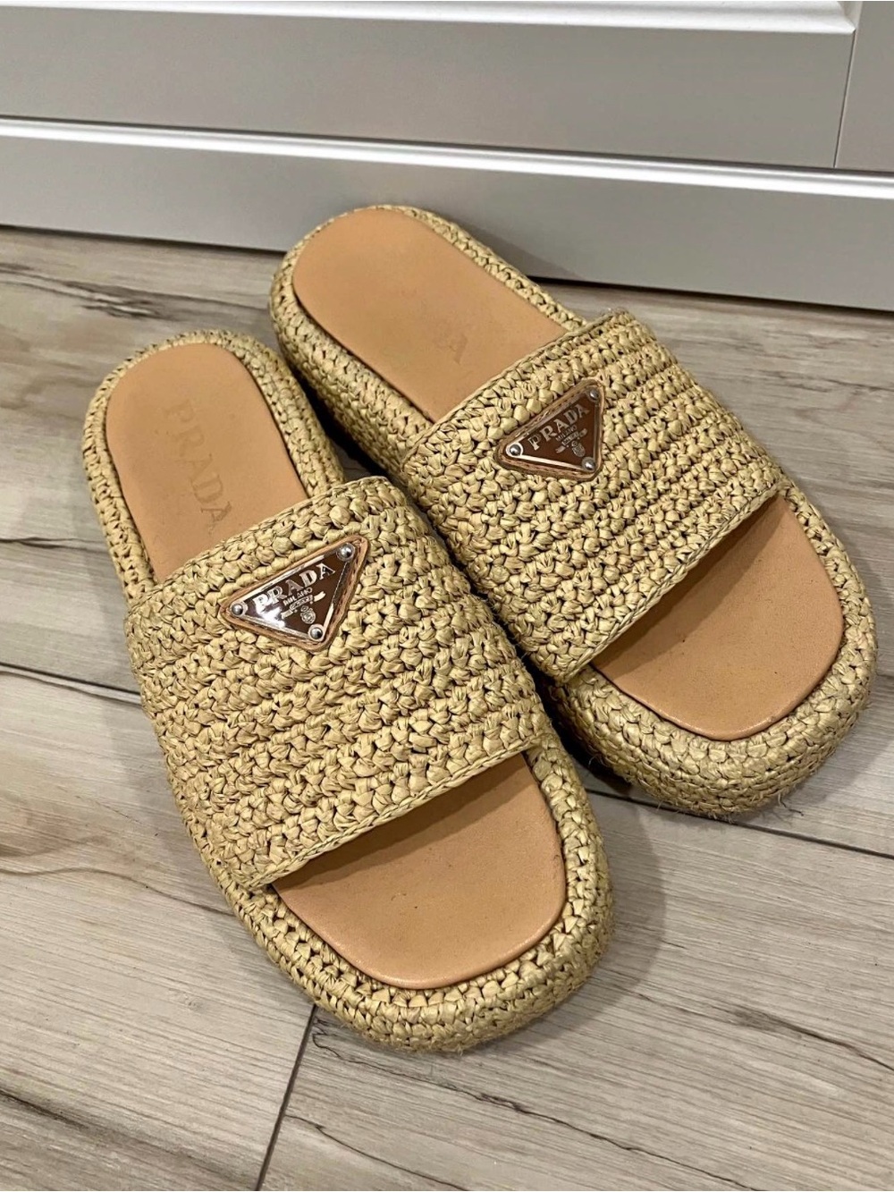 Prada Natural Raffia Slide Mules with Logo Triangle